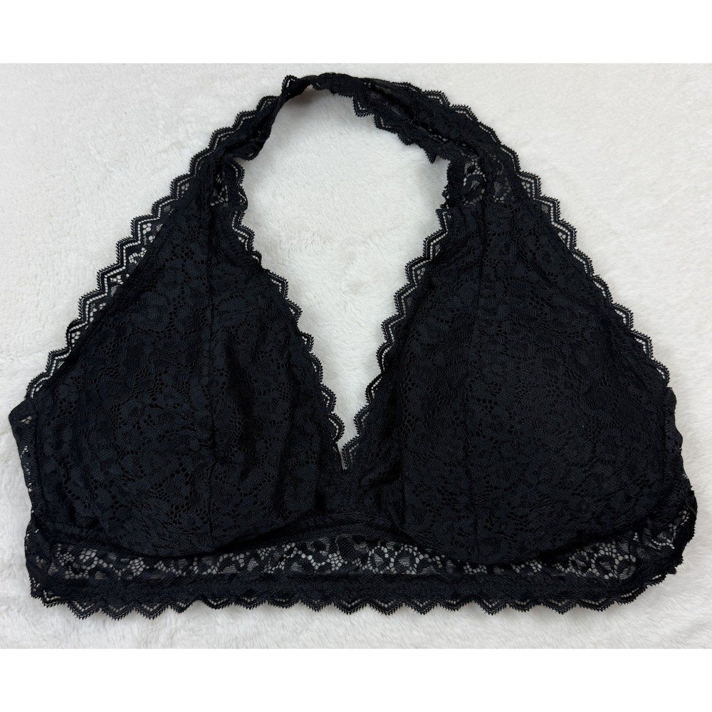 Auden Black Floral Lace Halter Lightly Lined Bralette XXL Hook Back Closure